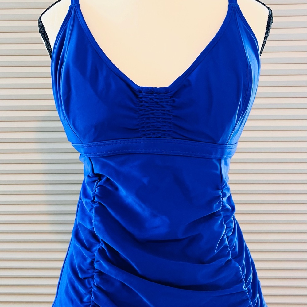 Athleta Blue One Piece Swimsuit with V-Neck and Ruching